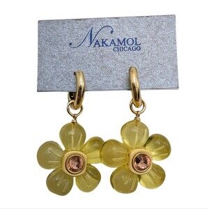 Nakamol Made in Thailand Yellow Gummy Flower Earrings Gold Tone Crystal Gem